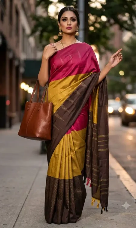Colour Feast: Pink, Gold, Coffee Kanjivaram Saree