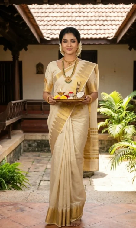 Cream Gold Temple Border Saree