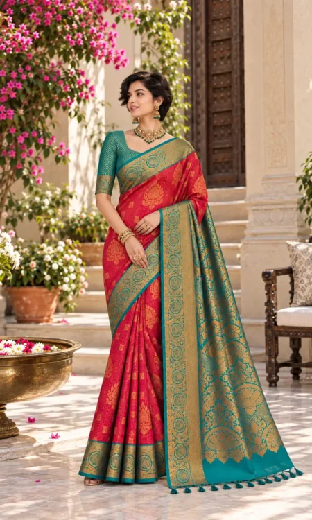 Red and Green Korvai Kanjivaram Saree
