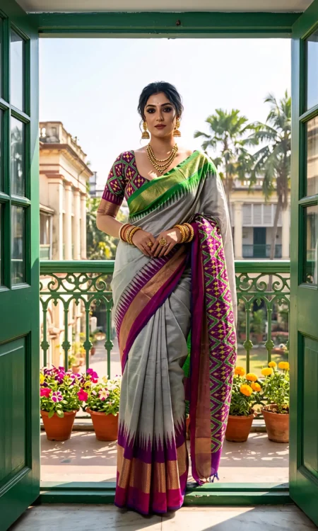 Silver Grey Pochampally Ikkat Silk Saree