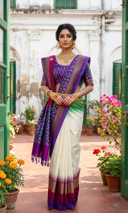 Ivory Cream Pochampally Ikkat Silk Saree