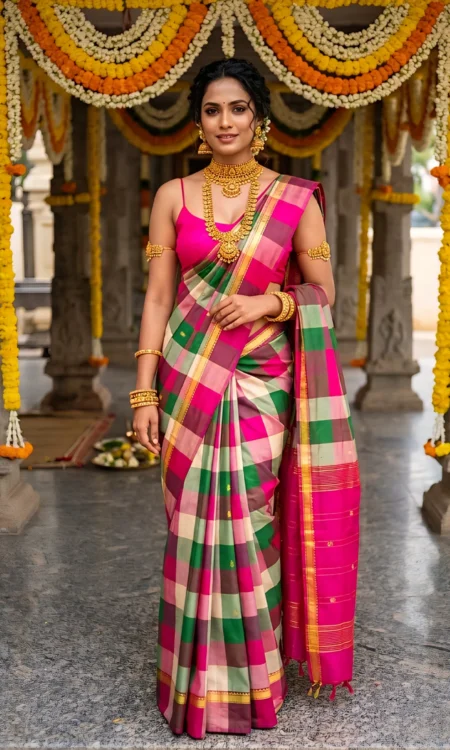 Kanjivaram Multicoloured Pastel Chequered Saree