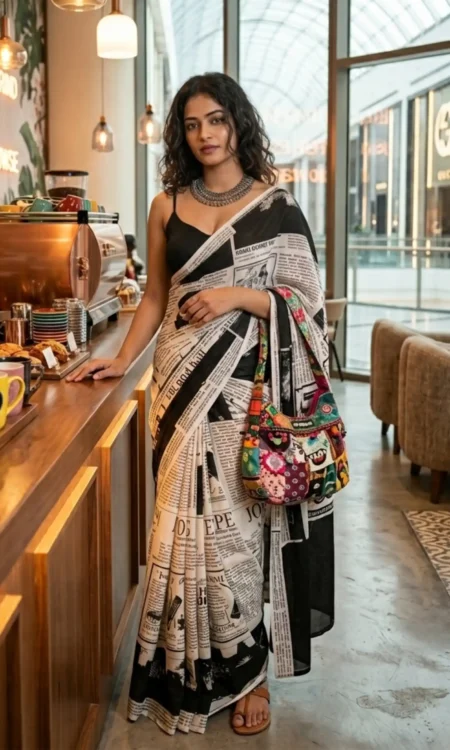 Newspaper Print Cotton Saree