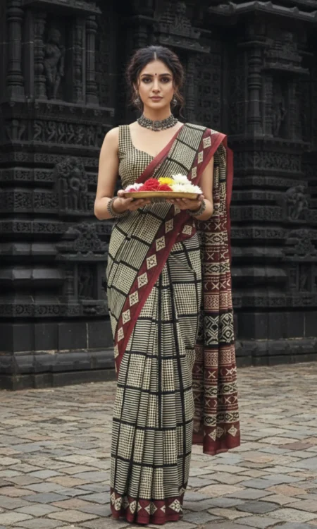 Beige Black Printed Cotton Saree