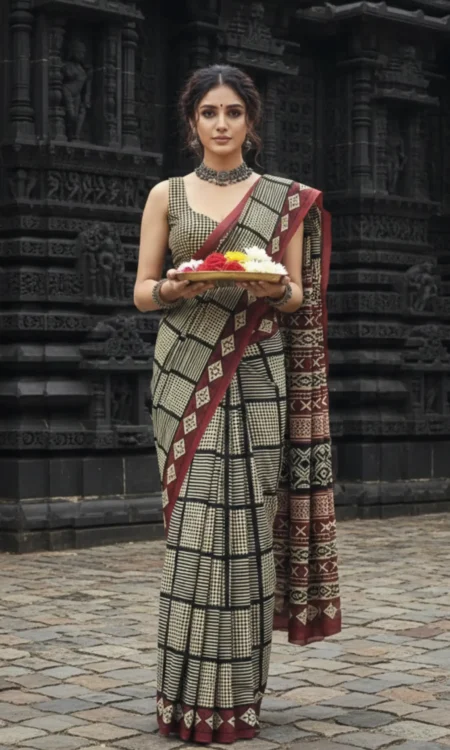 Beige Black Printed Cotton Saree