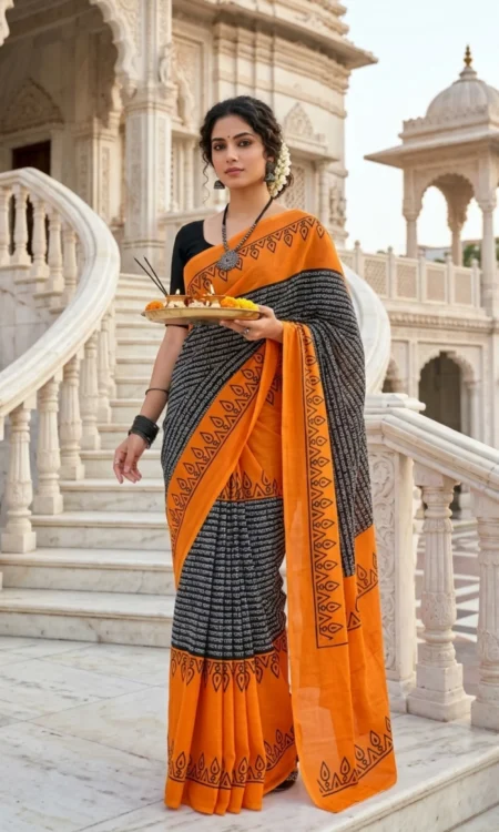 Orange Black Ancient Script Cotton Saree