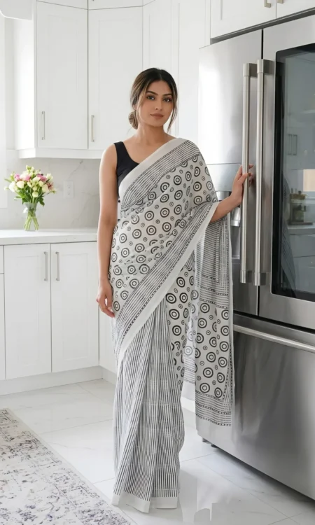 White Black Printed Cotton Saree