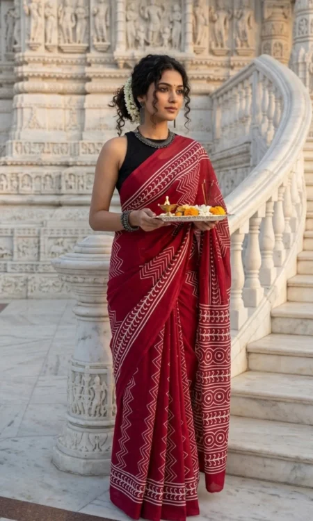 Red White Zigzag Printed Cotton Saree