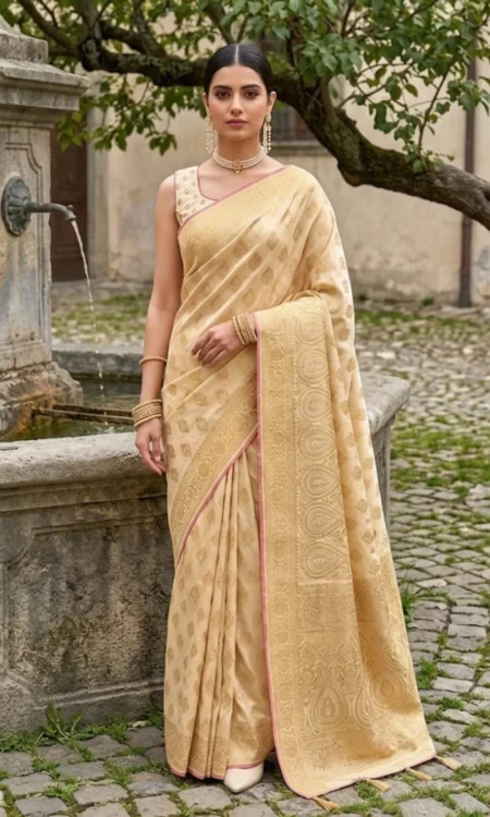 Vanilla Dream: Beige Gold Banarasi Saree