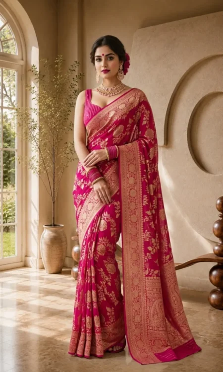 Raspberry Rouge: Pink Banarasi georgette saree