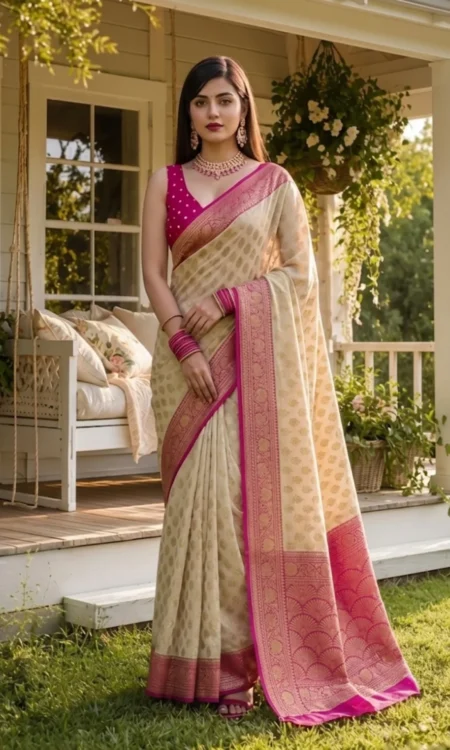 Champagne chic: Cream georgette Banarasi saree