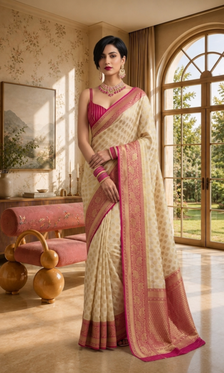 Cream Charm: Cream georgette Banarasi saree
