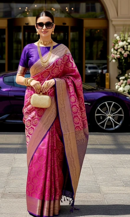 Lipstick lush: Pink Kanjivaram saree
