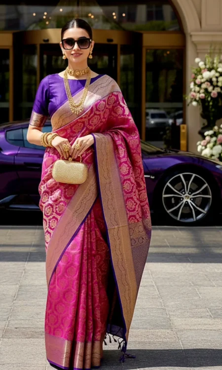 Lipstick lush: Pink Kanjivaram saree