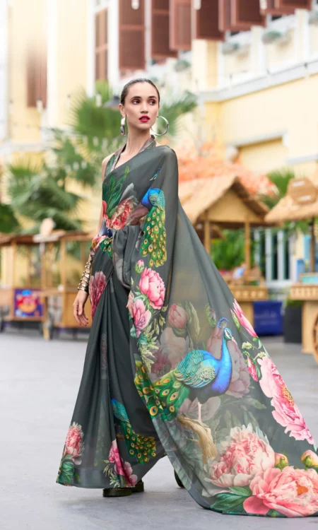 Enchated bloom: Ash floral chiffon saree