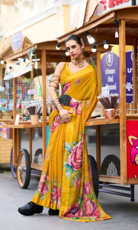 Mustard magic: Floral chiffon saree