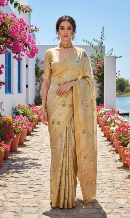 Gold Glam: Pastel gold Mashru silk Banarasi saree