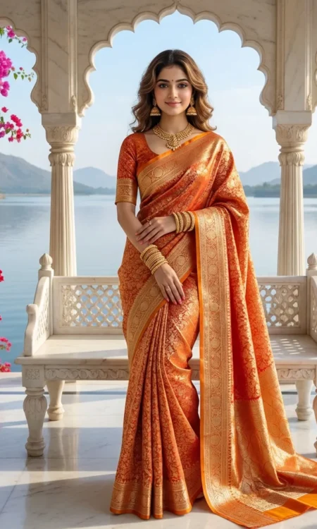 Ornate Orange: Floral jaal orange Banarasi saree