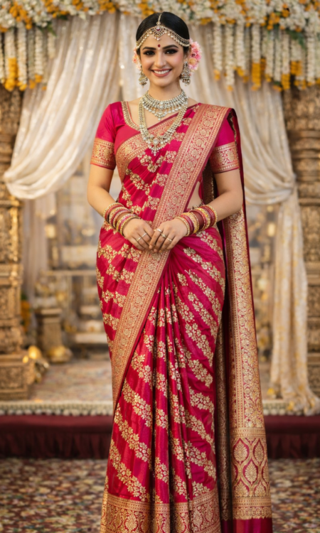 Pink Promonade: Rich lustrous pink Banarasi saree