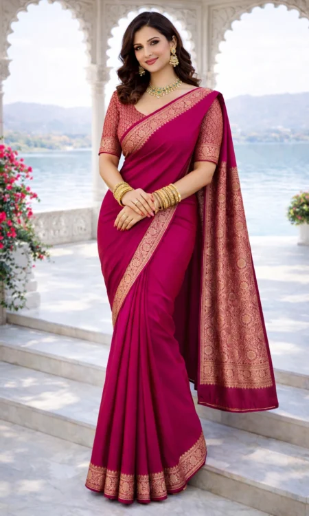 Pinkly Spectacular: A plain pink Banarasi saree