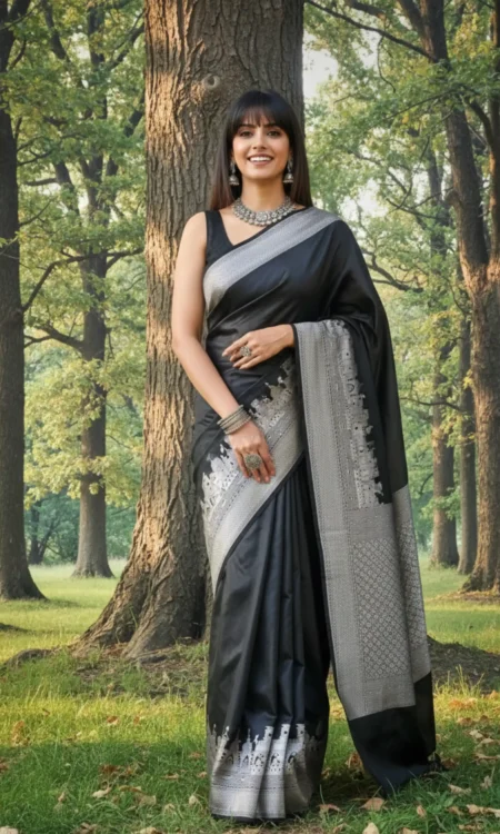 Nightly Delight: A deep blue Banarasi saree