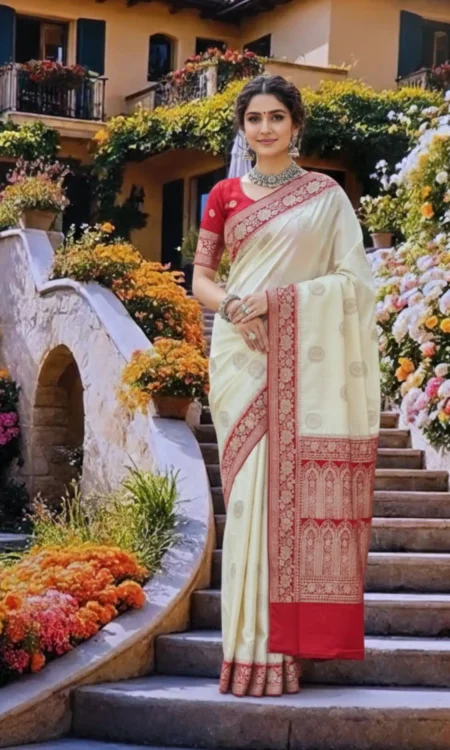 Pearl white Banarasi saree