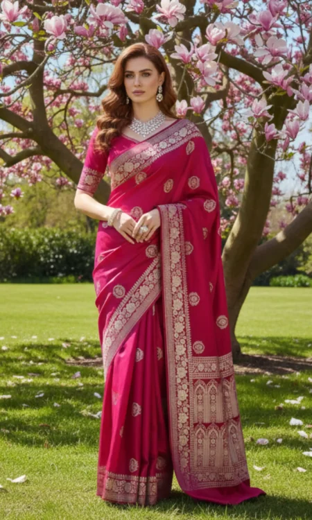 The ruby pink Banarasi saree