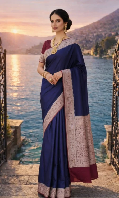 Simple Allure: Plain blue Banarasi saree