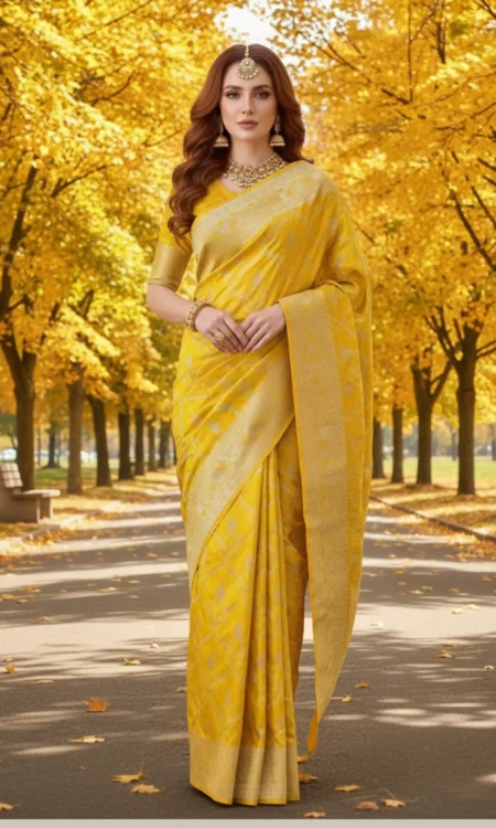 Lavish gold yellow Banarasi jaal saree