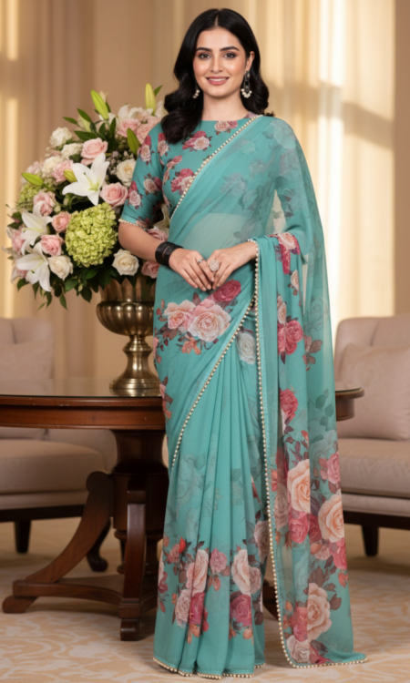 Blush Blue: Floral printed chiffon saree
