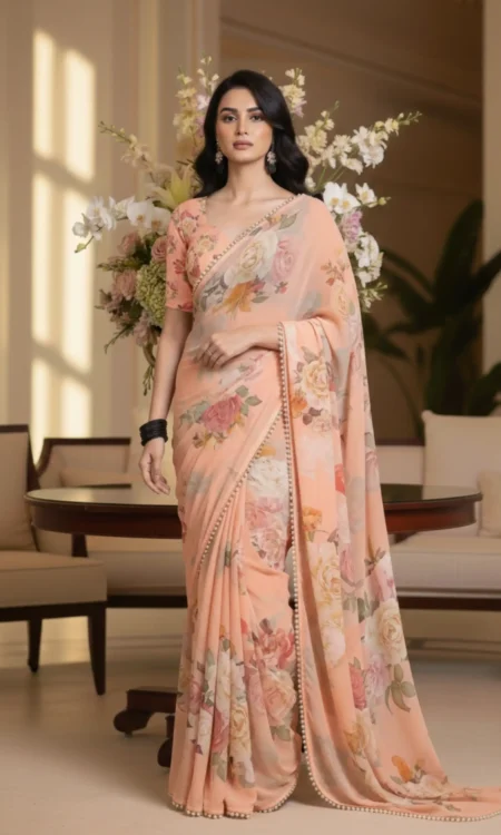 Peach Perfect: Floral printed chiffon saree