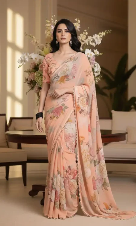 Peach Perfect: Floral printed chiffon saree