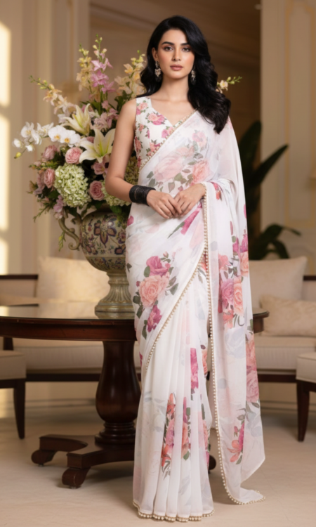 White Whisper: Floral printed chiffon saree