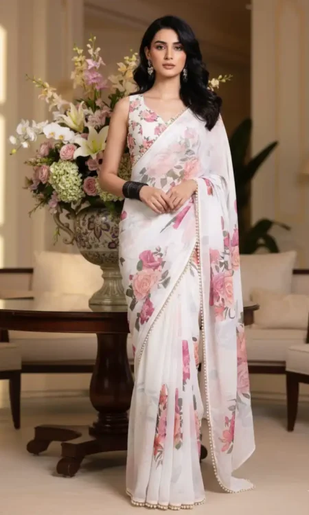 White Whisper: Floral printed chiffon saree