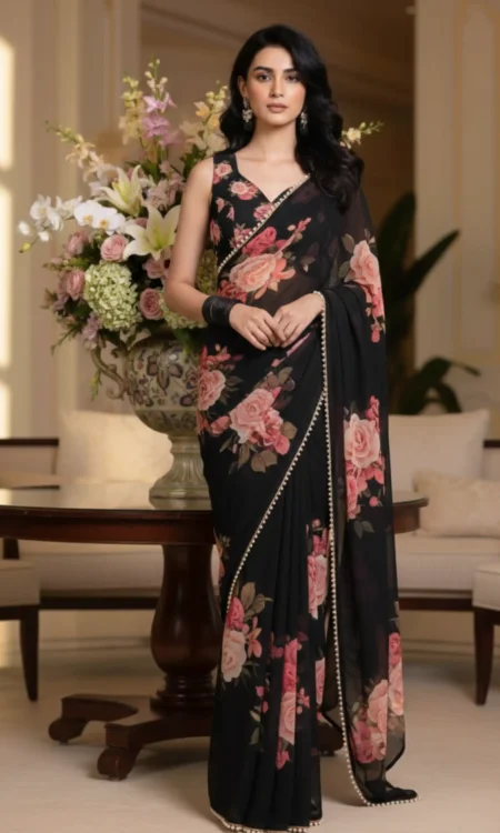 Black Beauty: Floral printed chiffon saree
