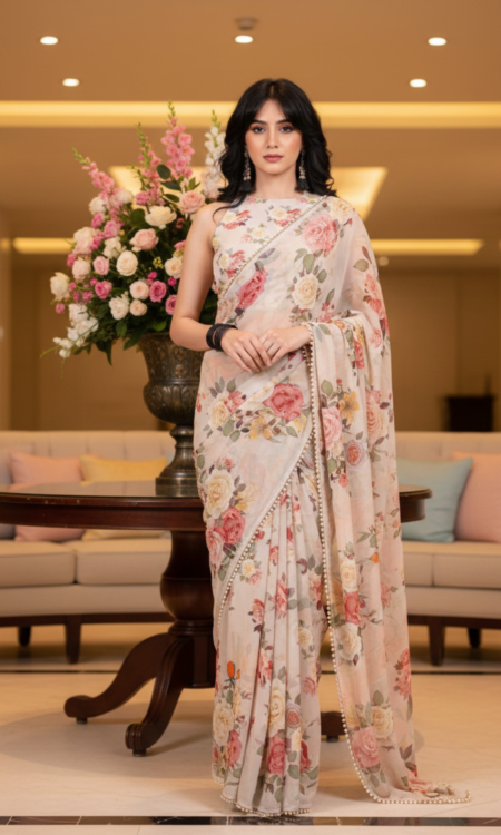 Off White Whisk: Floral printed chiffon saree