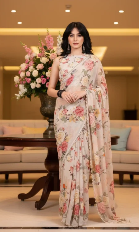 Off White Whisk: Floral printed chiffon saree