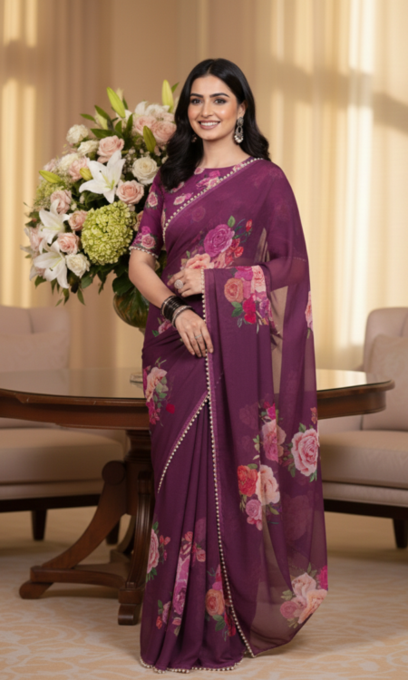 Cherry Charm: Floral printed chiffon saree