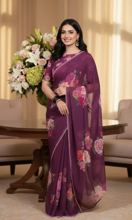 Cherry Charm: Floral printed chiffon saree