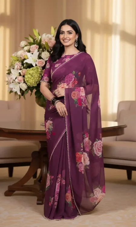 Cherry Charm: Floral printed chiffon saree