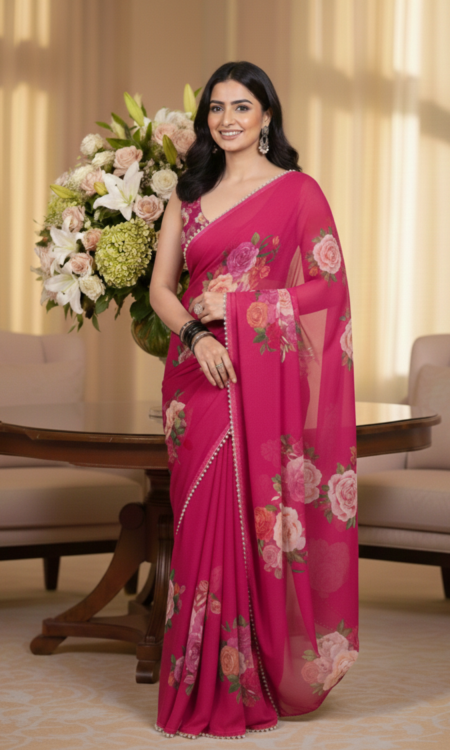 Pretty Pink: Floral printed chiffon saree
