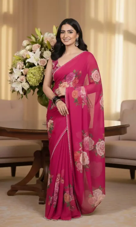 Pretty Pink: Floral printed chiffon saree