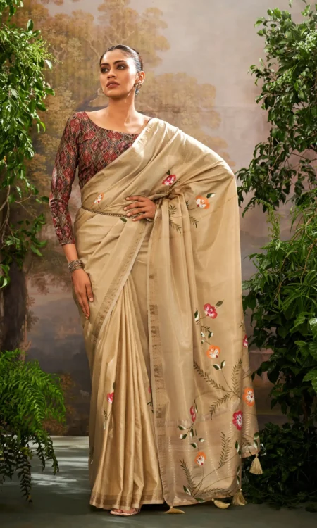 Biscuit beige floral printed saree