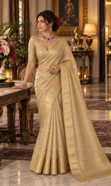 Golden Glow:  Tissue striped saree