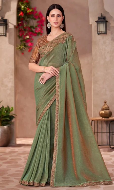 Earthy Worthy: Rusty green saree with embroidered border
