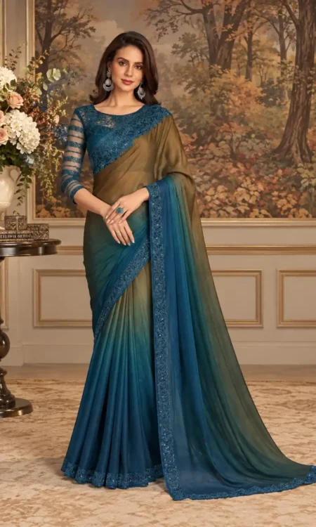 Olive Ombre: Shaded green embroidered saree