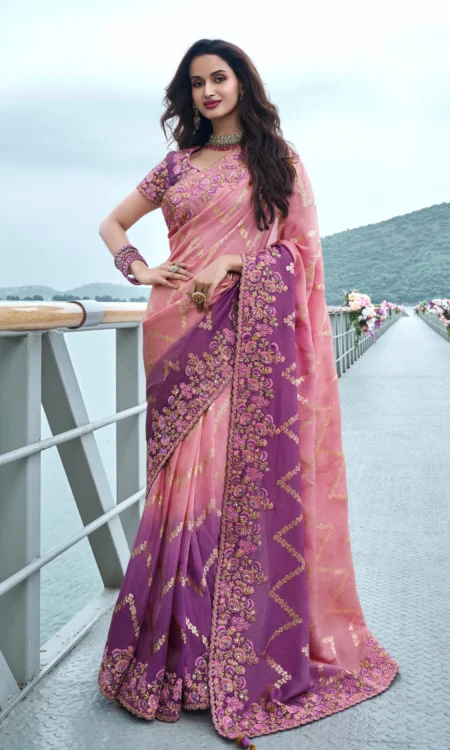 Tulip Tones: Peach lilac embroidered saree