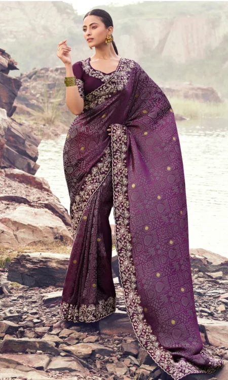 Amethyst Aura: A violet embroidered saree