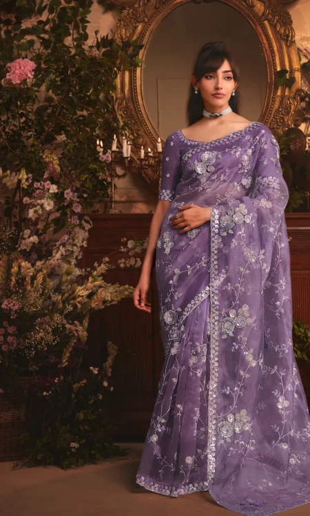 Lavender Lustre: A lilac embroidered saree