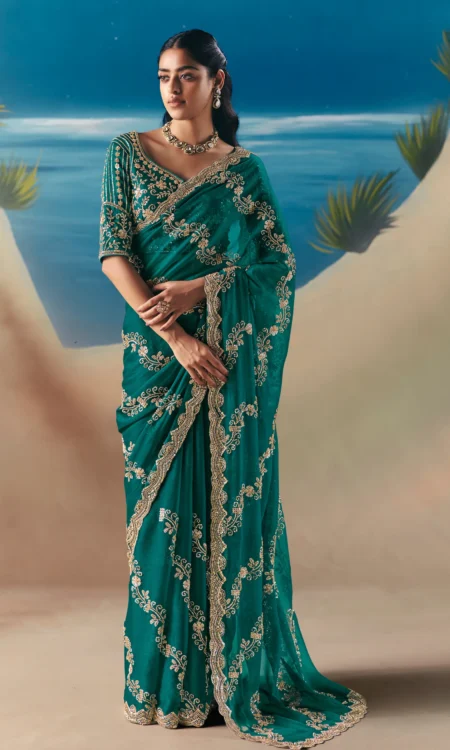 Sage Saga: Green embroidered saree